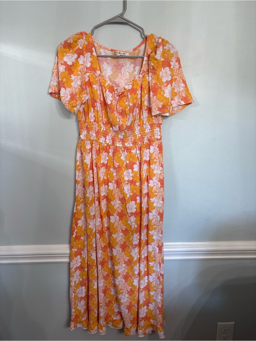 Haven Hearts Orange Floral Smocked Midi Dress Women’s Large Cottagecore Boho